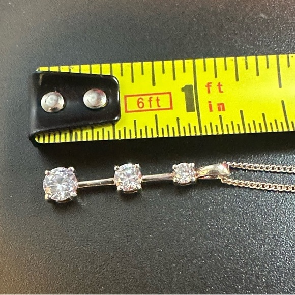 Sterling Silver Drop Pendant Necklace 3-Stone CZ - Picture 9 of 9